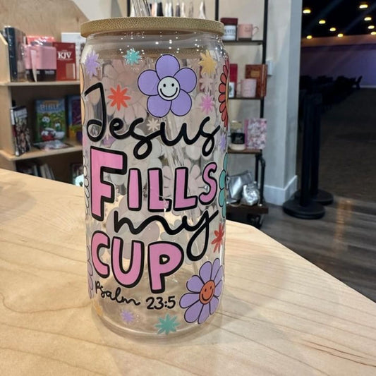 JESUS FILLS MY CUP - 16oz Libbey glass with straw