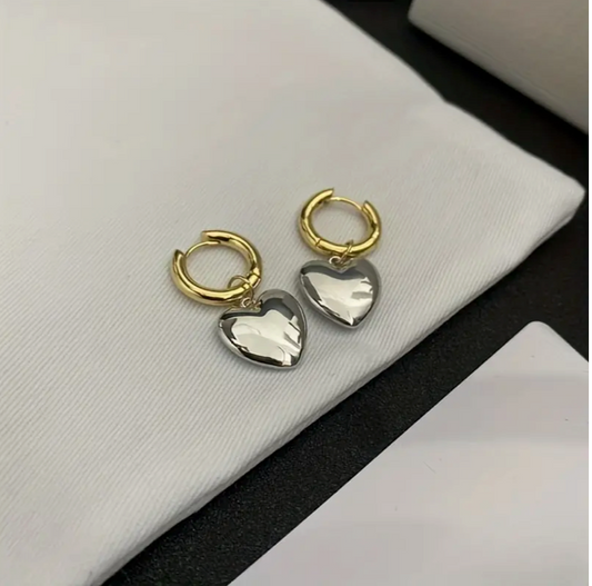 Pure Heart - Drop Heart Shape Golden/Silver Metallic Earring