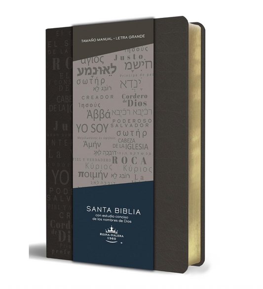 Biblia RVR 1960 letra grande tamaño manual, simil piel gris con nombres de Dios